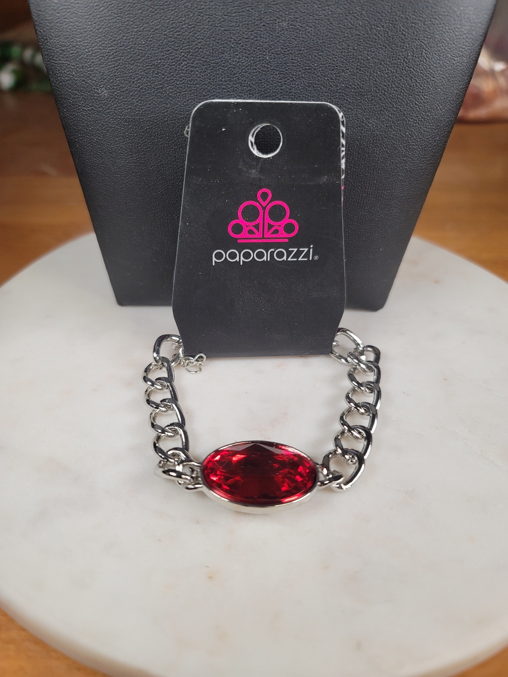Paparazzi Silver Chain Bracelet with Red Oval Gem